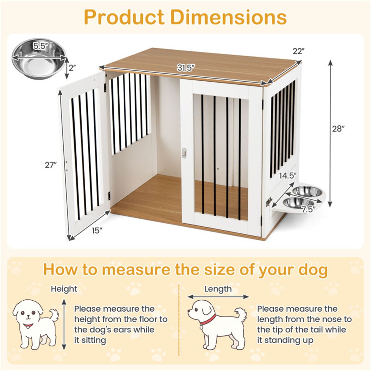 Furniture Style Dog Crate with 360° Rotating Feeder & 304 Stainless Steel Bowls, Double Locking Indoor Dog Kennel - Dog Time Outlet
