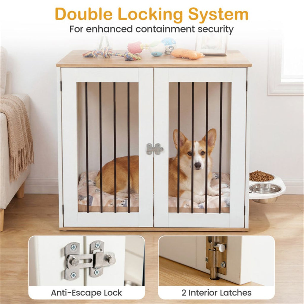 Furniture Style Dog Crate with 360° Rotating Feeder & 304 Stainless Steel Bowls, Double Locking Indoor Dog Kennel - Dog Time Outlet