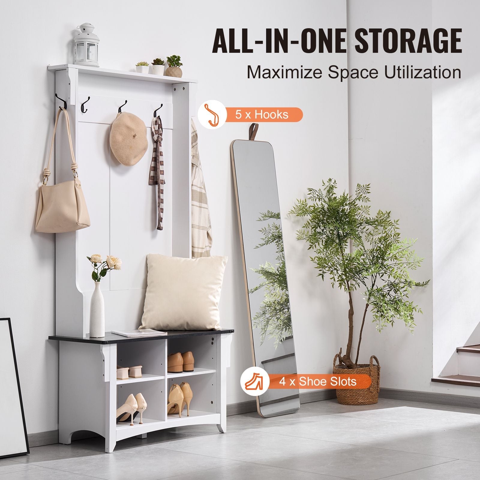 Hall Tree Entryway Bench, Coat Rack with Shoe Storage, 32" Wide Mudroom bench with Storage and Seating, Adjustable Shelves and 5 Hanging Hooks with 4 Storage Drawers,for Mudroom,Entryway,Hallway - Dog Time Outlet
