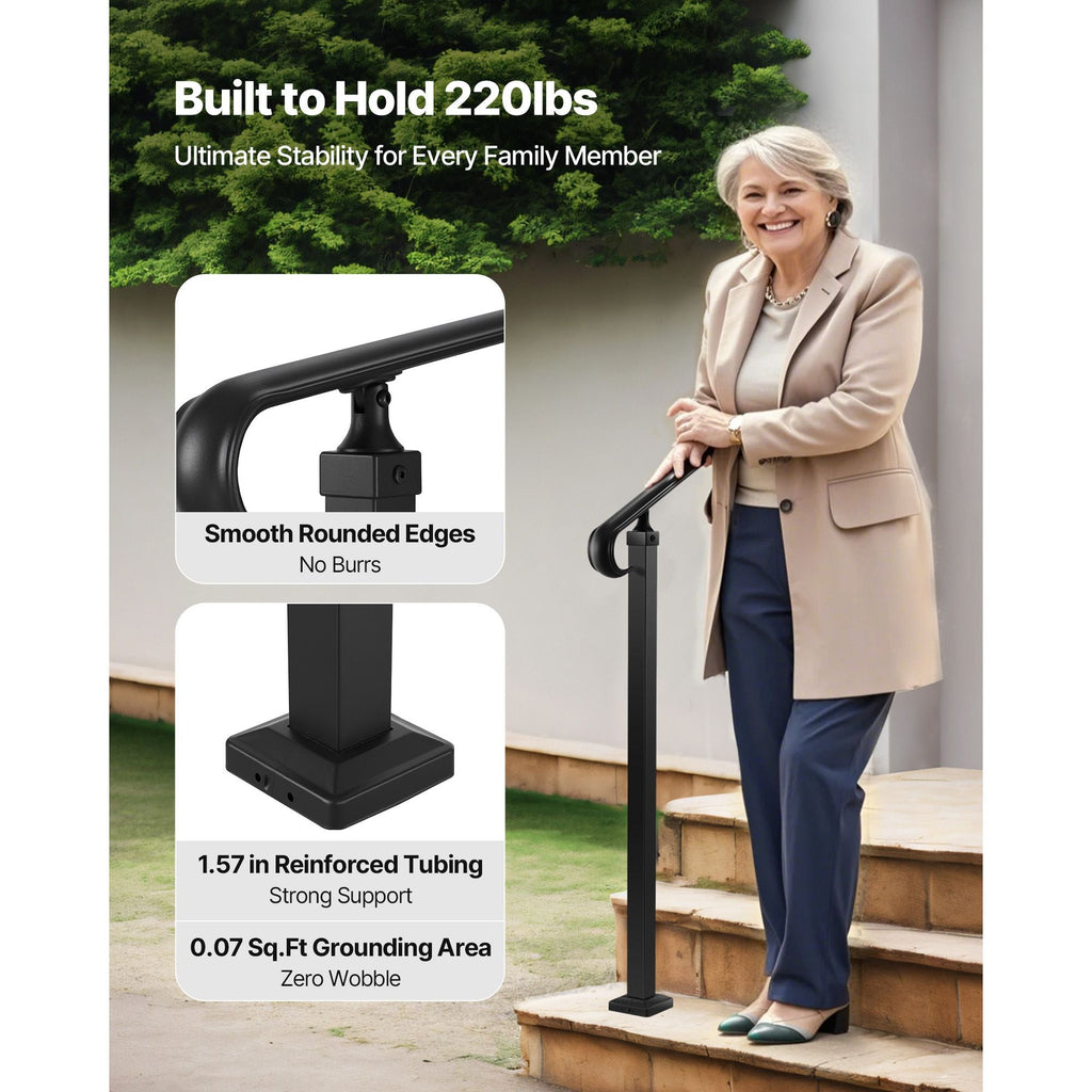 Handrails for Outdoor Steps, 2 - 3 Step Adjustable Height, Carbon Steel Transitional Handrail with Installation Kit, Exterior Hand Railing for Steps, Concrete or Wooden Stairs, Porch, Matte Black - Dog Time Outlet