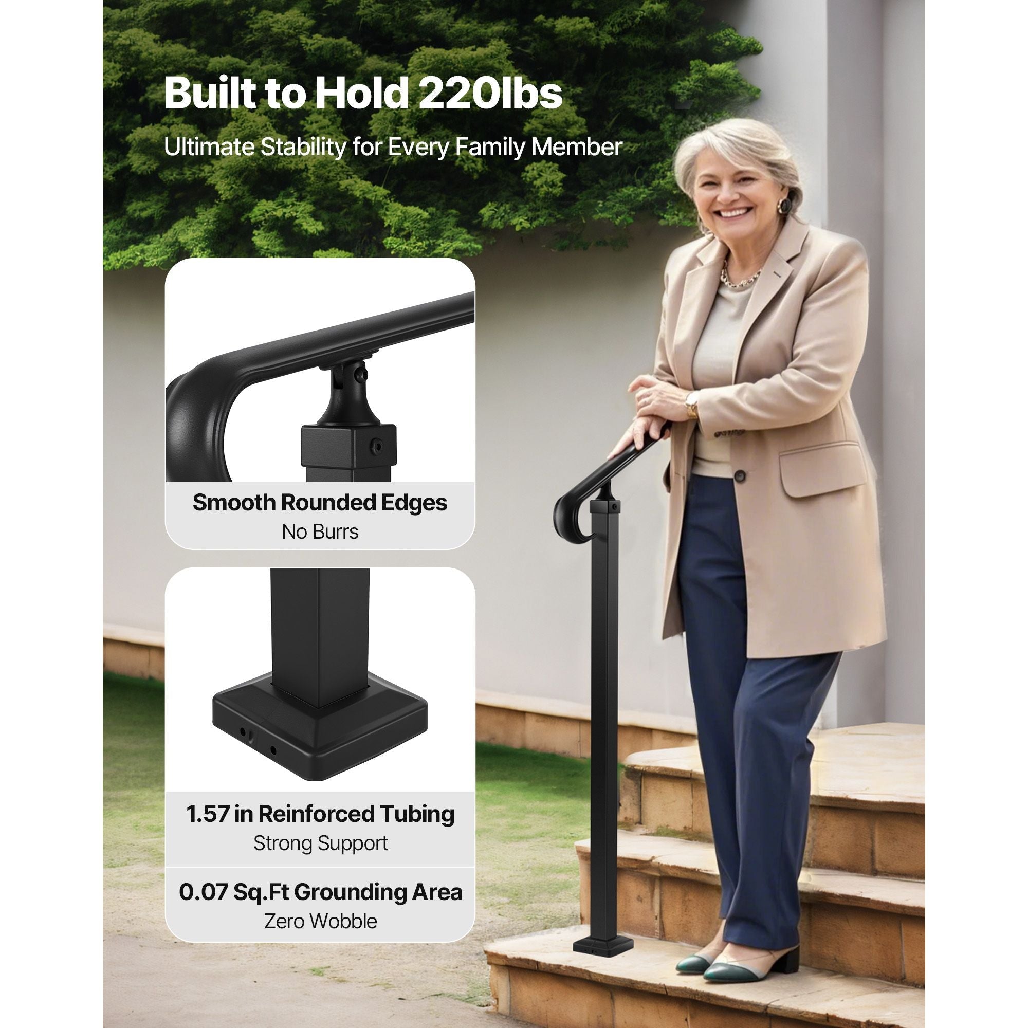 Handrails for Outdoor Steps, 2 - 3 Step Adjustable Height, Carbon Steel Transitional Handrail with Installation Kit, Exterior Hand Railing for Steps, Concrete or Wooden Stairs, Porch, Matte Black - Dog Time Outlet
