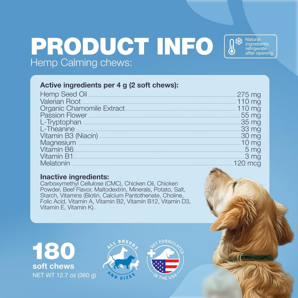 Hemp Calming Chews for Dogs Dog Calming Treats Anxiety Relief for Dogs with L Theanine Chamomile Extract Valerian Root Dog Anxiety Relief for Travel Vet Visits Thunderstorms Nail Trimming - Dog Time Outlet