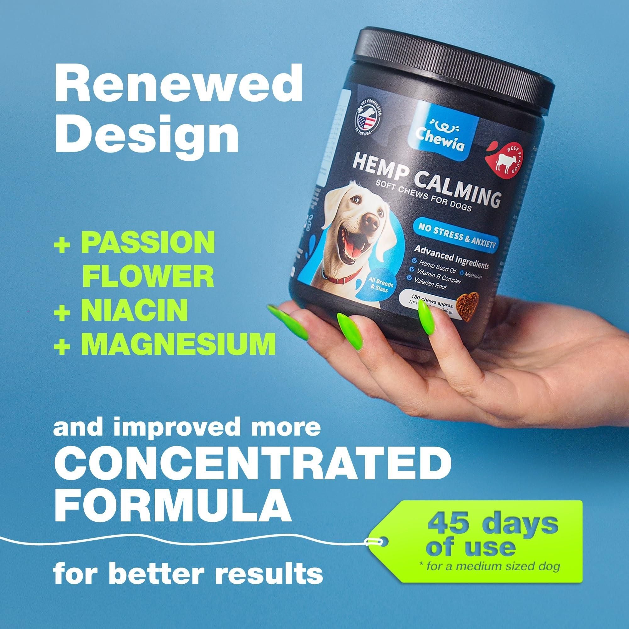 Hemp Calming Chews for Dogs Dog Calming Treats Anxiety Relief for Dogs with L Theanine Chamomile Extract Valerian Root Dog Anxiety Relief for Travel Vet Visits Thunderstorms Nail Trimming - Dog Time Outlet