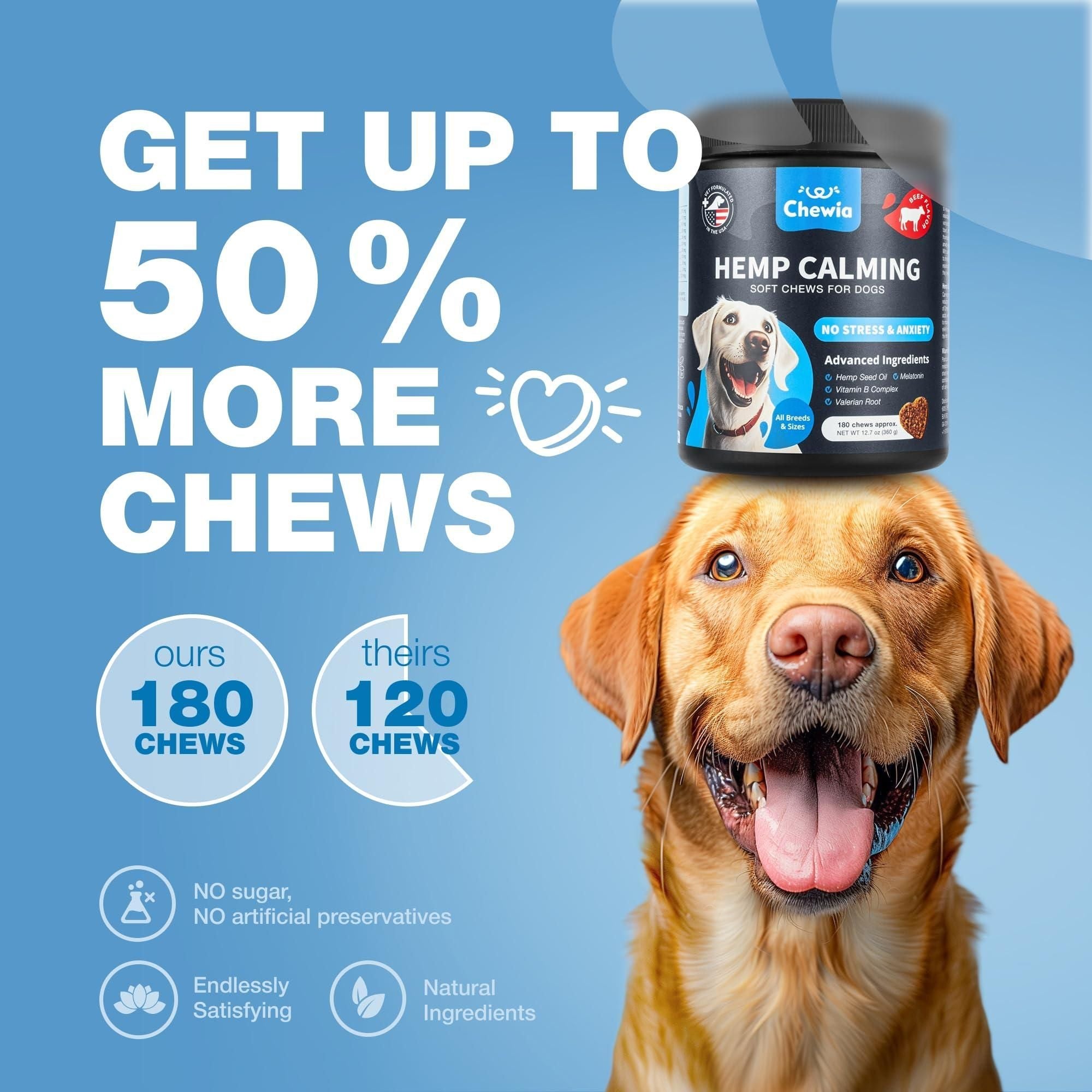 Hemp Calming Chews for Dogs Dog Calming Treats Anxiety Relief for Dogs with L Theanine Chamomile Extract Valerian Root Dog Anxiety Relief for Travel Vet Visits Thunderstorms Nail Trimming - Dog Time Outlet