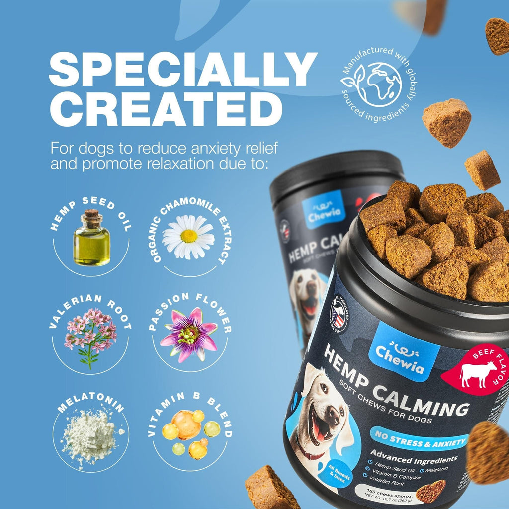 Hemp Calming Chews for Dogs Dog Calming Treats Anxiety Relief for Dogs with L Theanine Chamomile Extract Valerian Root Dog Anxiety Relief for Travel Vet Visits Thunderstorms Nail Trimming - Dog Time Outlet