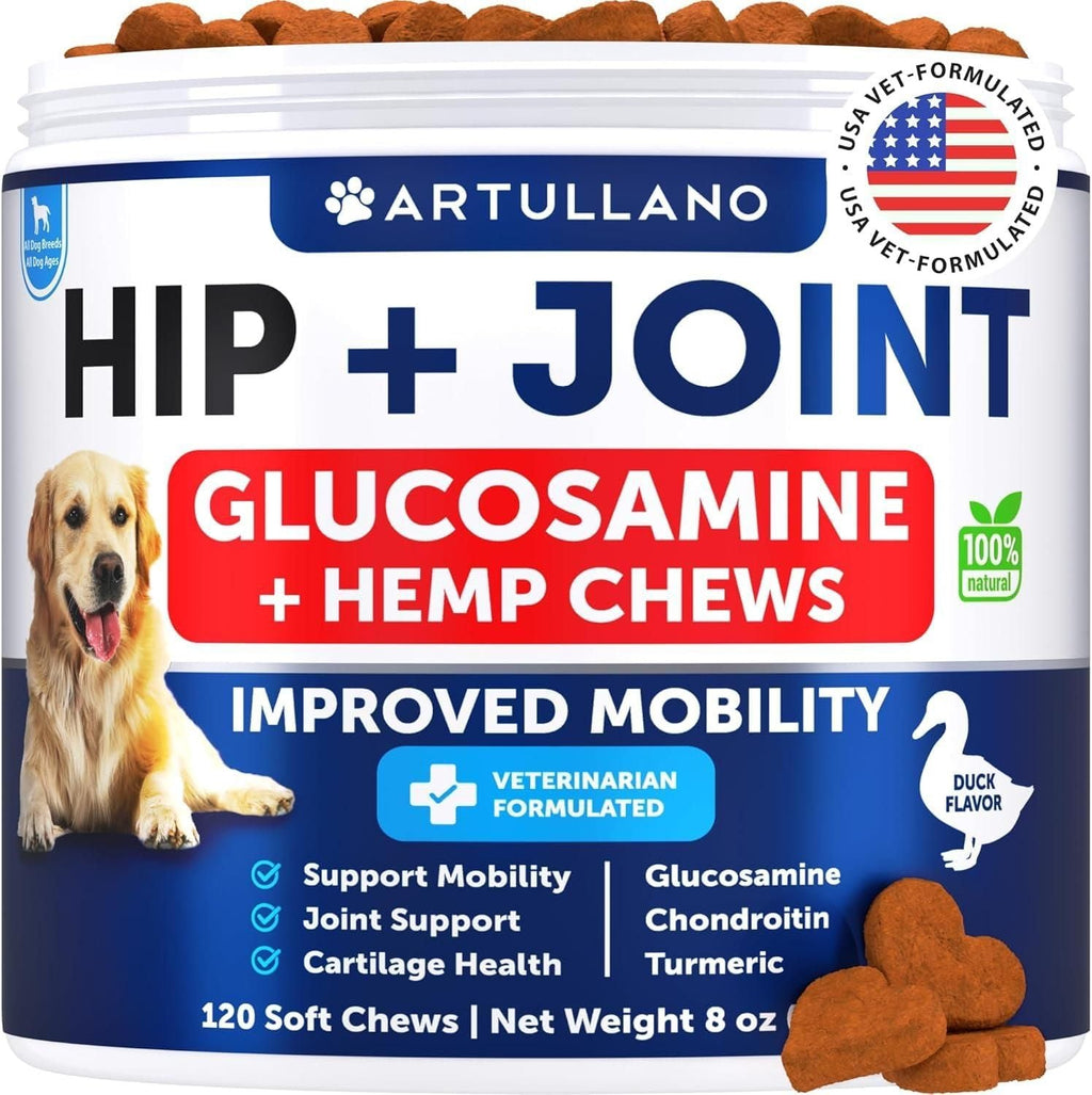 Hemp Hip and Joint Supplement for Dogs Glucosamine for Dogs Joint Pain Relief Chews with Chondroitin MSM Hemp Oil Mobility Support Canine Cartilage Health 120 Soft Treats Made in USA - Dog Time Outlet