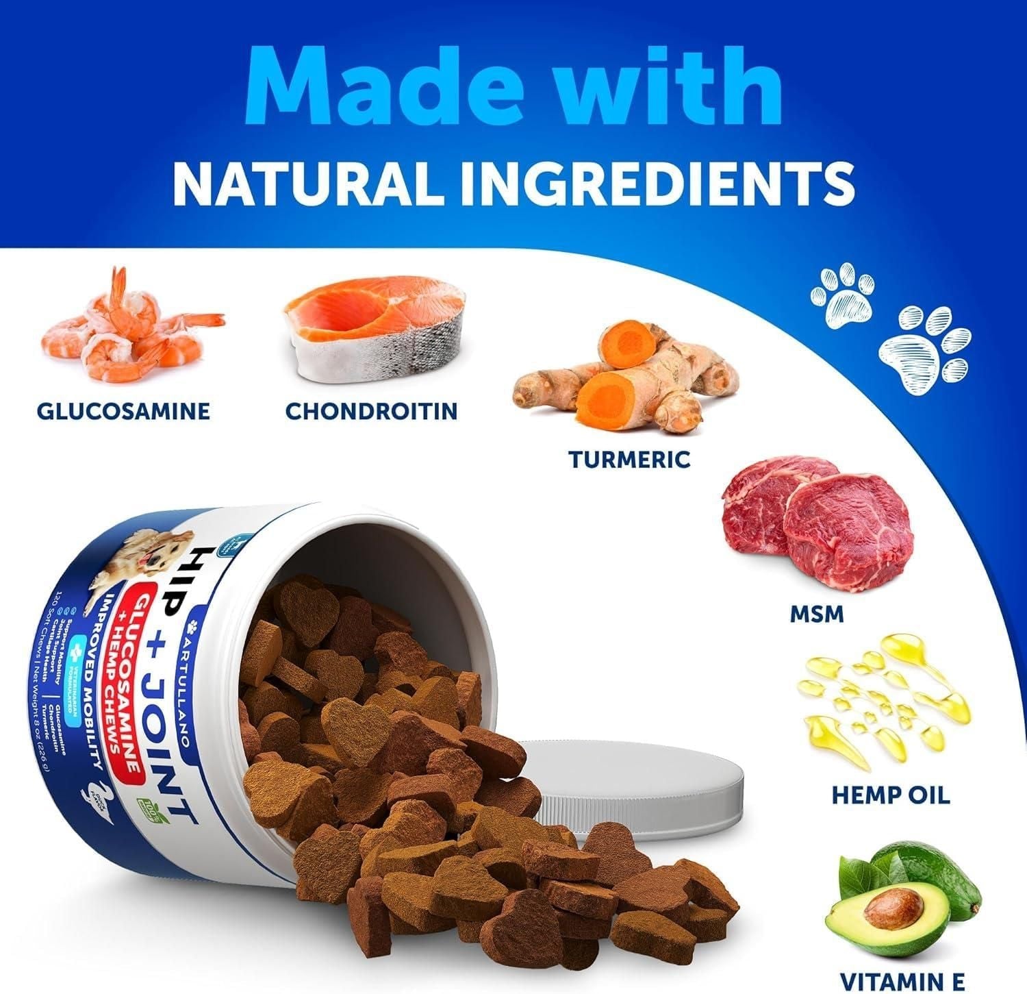 Hemp Hip and Joint Supplement for Dogs Glucosamine for Dogs Joint Pain Relief Chews with Chondroitin MSM Hemp Oil Mobility Support Canine Cartilage Health 120 Soft Treats Made in USA - Dog Time Outlet