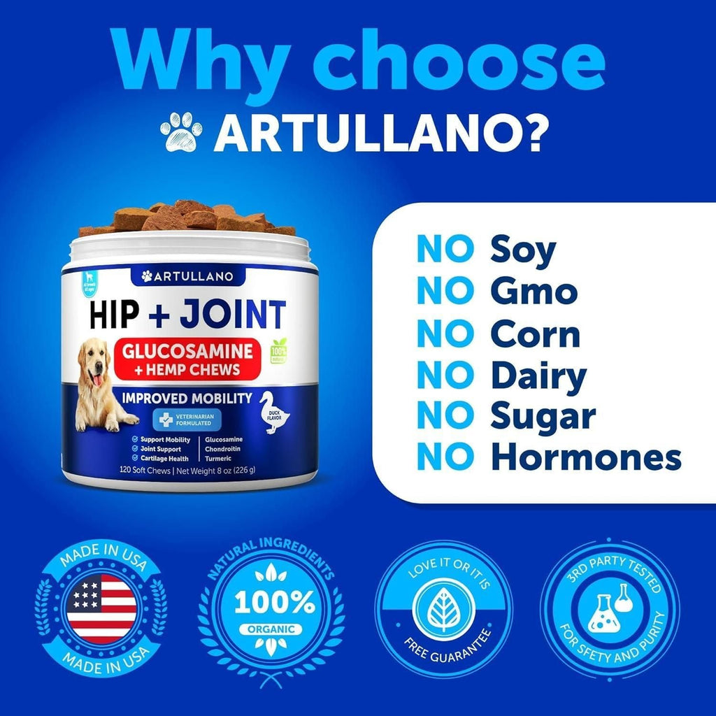 Hemp Hip and Joint Supplement for Dogs Glucosamine for Dogs Joint Pain Relief Chews with Chondroitin MSM Hemp Oil Mobility Support Canine Cartilage Health 120 Soft Treats Made in USA - Dog Time Outlet