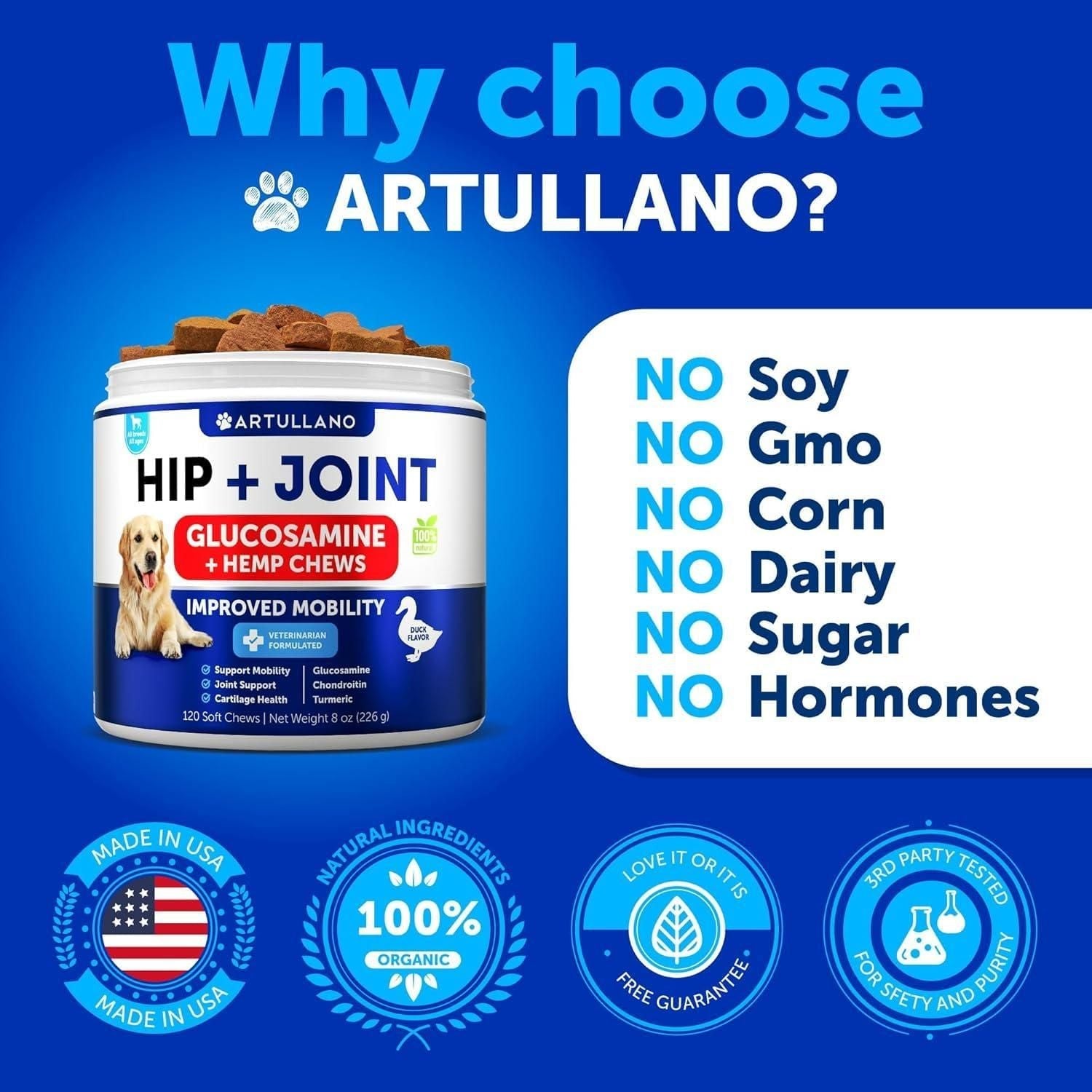 Hemp Hip and Joint Supplement for Dogs Glucosamine for Dogs Joint Pain Relief Chews with Chondroitin MSM Hemp Oil Mobility Support Canine Cartilage Health 120 Soft Treats Made in USA - Dog Time Outlet