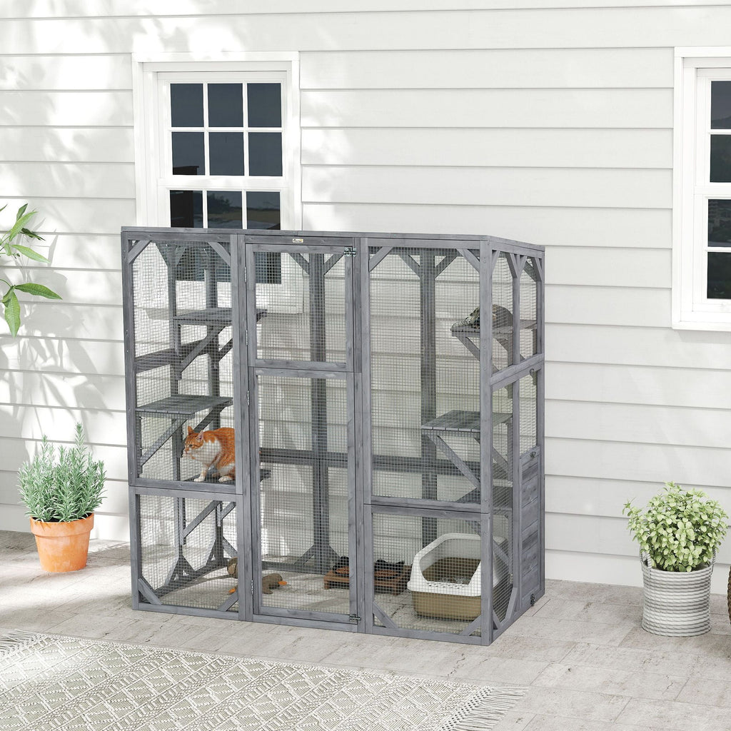 Large Wooden Catio Outdoor with 6 Jumping Platforms, Sunshine Panel Roof, for 1 - 3 Cats, 59" x 28" x 60", Gray - Dog Time Outlet