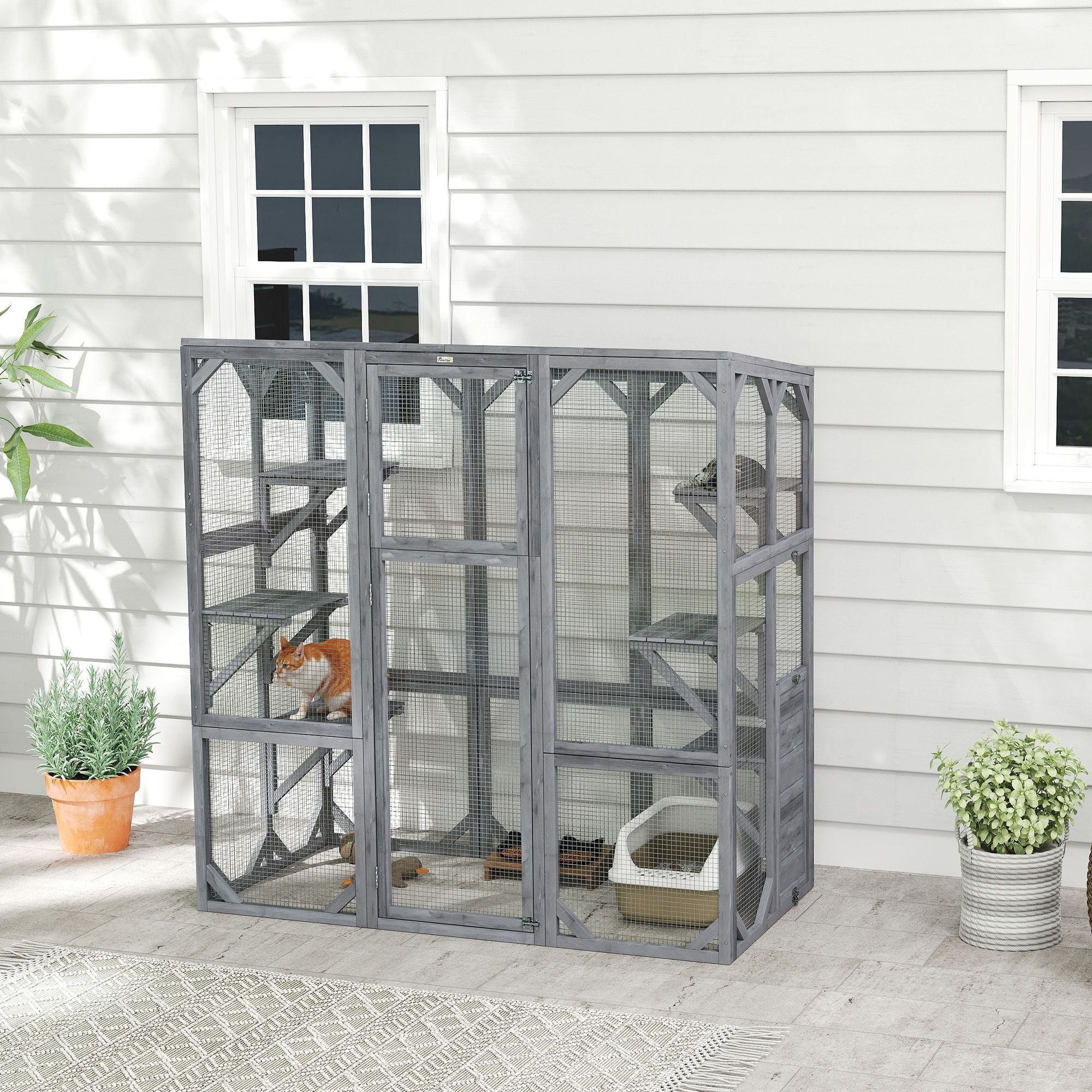 Large Wooden Catio Outdoor with 6 Jumping Platforms, Sunshine Panel Roof, for 1 - 3 Cats, 59" x 28" x 60", Gray - Dog Time Outlet