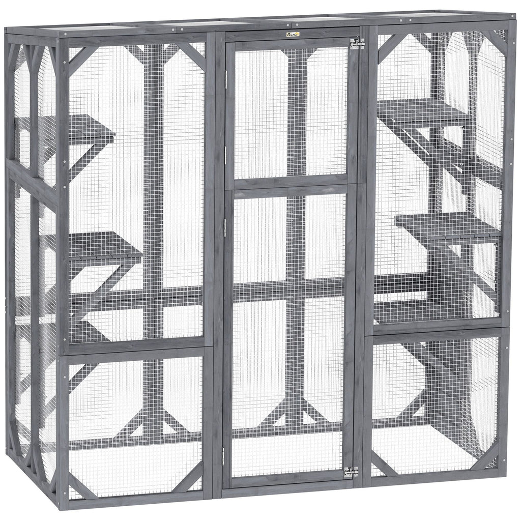 Large Wooden Catio Outdoor with 6 Jumping Platforms, Sunshine Panel Roof, for 1 - 3 Cats, 59" x 28" x 60", Gray - Dog Time Outlet