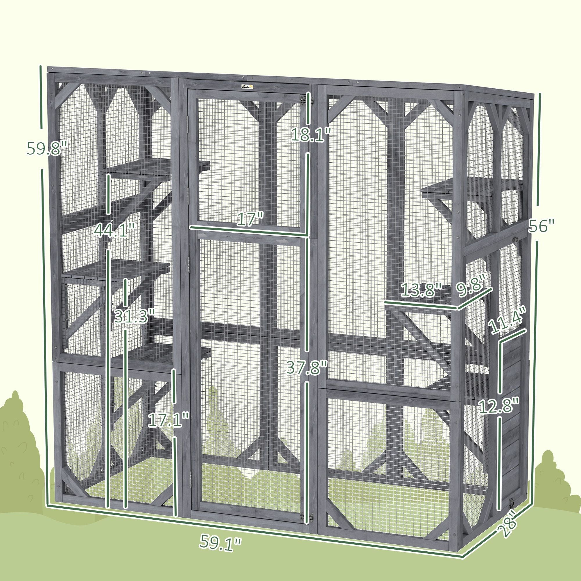 Large Wooden Catio Outdoor with 6 Jumping Platforms, Sunshine Panel Roof, for 1 - 3 Cats, 59" x 28" x 60", Gray - Dog Time Outlet