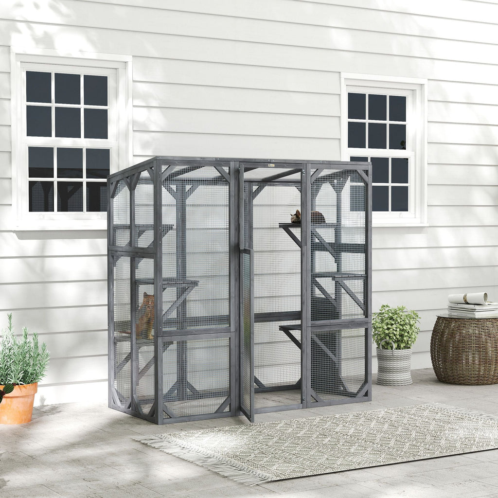 Large Wooden Catio Outdoor with 6 Jumping Platforms, Sunshine Panel Roof, for 1 - 3 Cats, 59" x 28" x 60", Gray - Dog Time Outlet