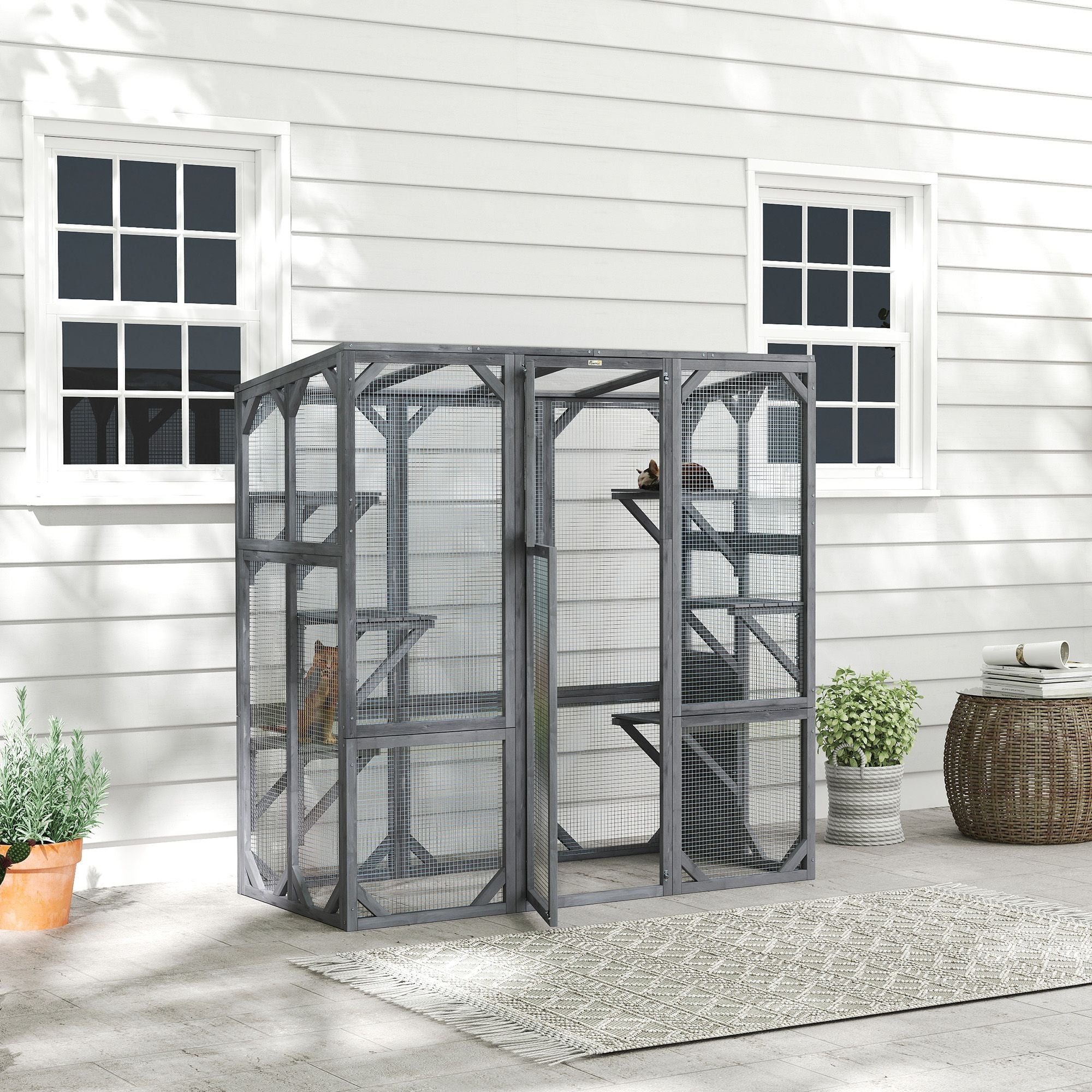 Large Wooden Catio Outdoor with 6 Jumping Platforms, Sunshine Panel Roof, for 1 - 3 Cats, 59" x 28" x 60", Gray - Dog Time Outlet