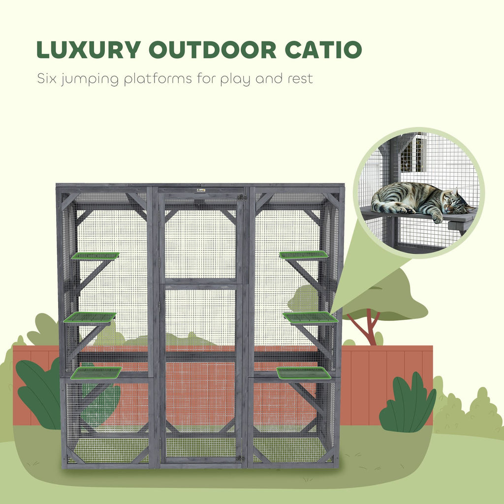 Large Wooden Catio Outdoor with 6 Jumping Platforms, Sunshine Panel Roof, for 1 - 3 Cats, 59" x 28" x 60", Gray - Dog Time Outlet
