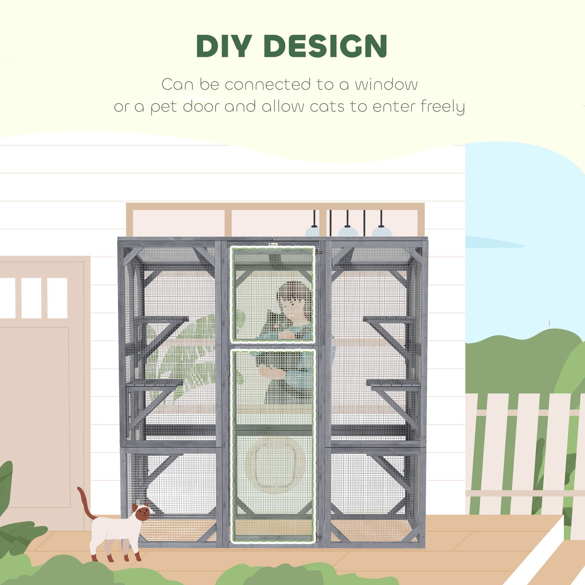 Large Wooden Catio Outdoor with 6 Jumping Platforms, Sunshine Panel Roof, for 1 - 3 Cats, 59" x 28" x 60", Gray - Dog Time Outlet