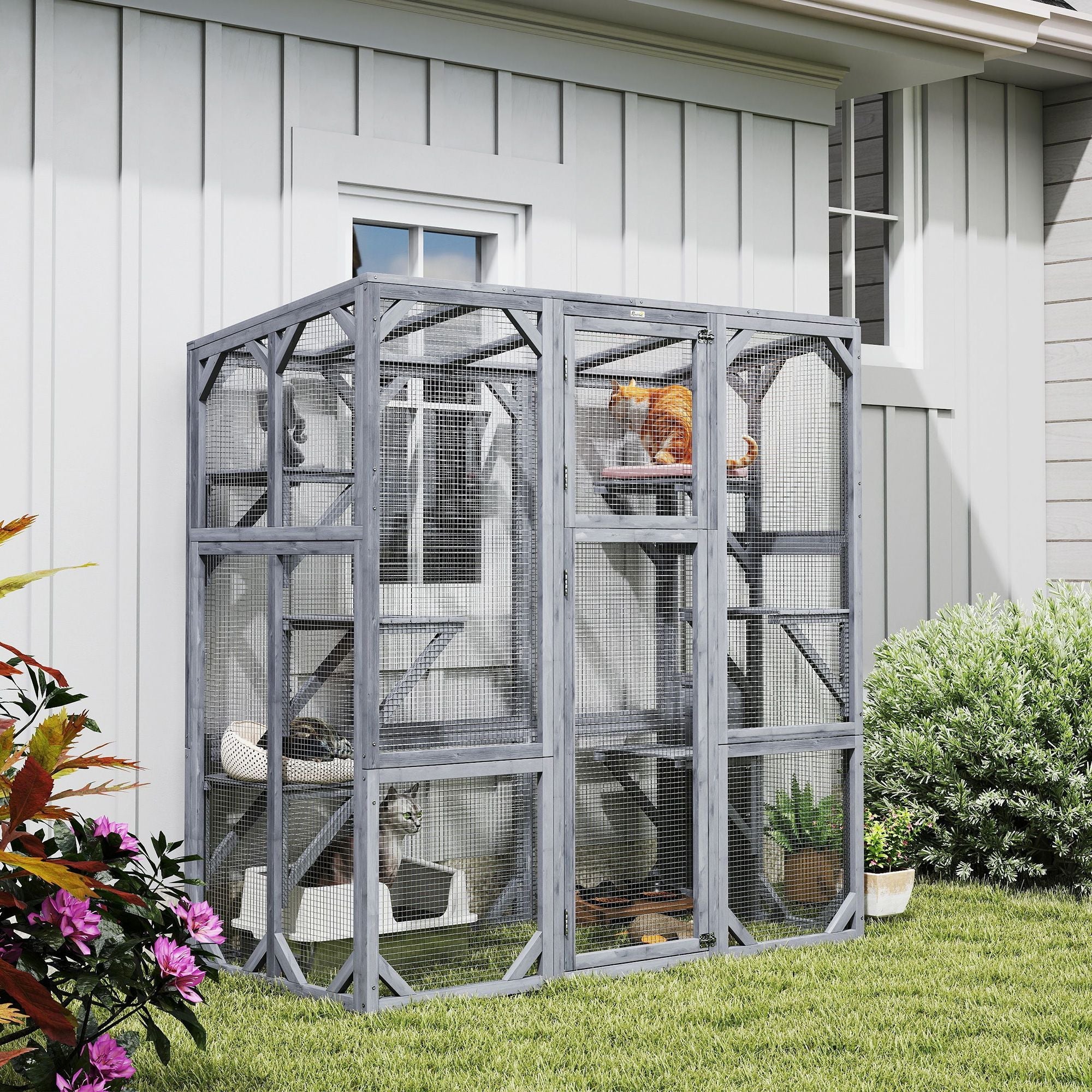 Large Wooden Catio Outdoor with 6 Jumping Platforms, Sunshine Panel Roof, for 1 - 3 Cats, 59" x 28" x 60", Gray - Dog Time Outlet