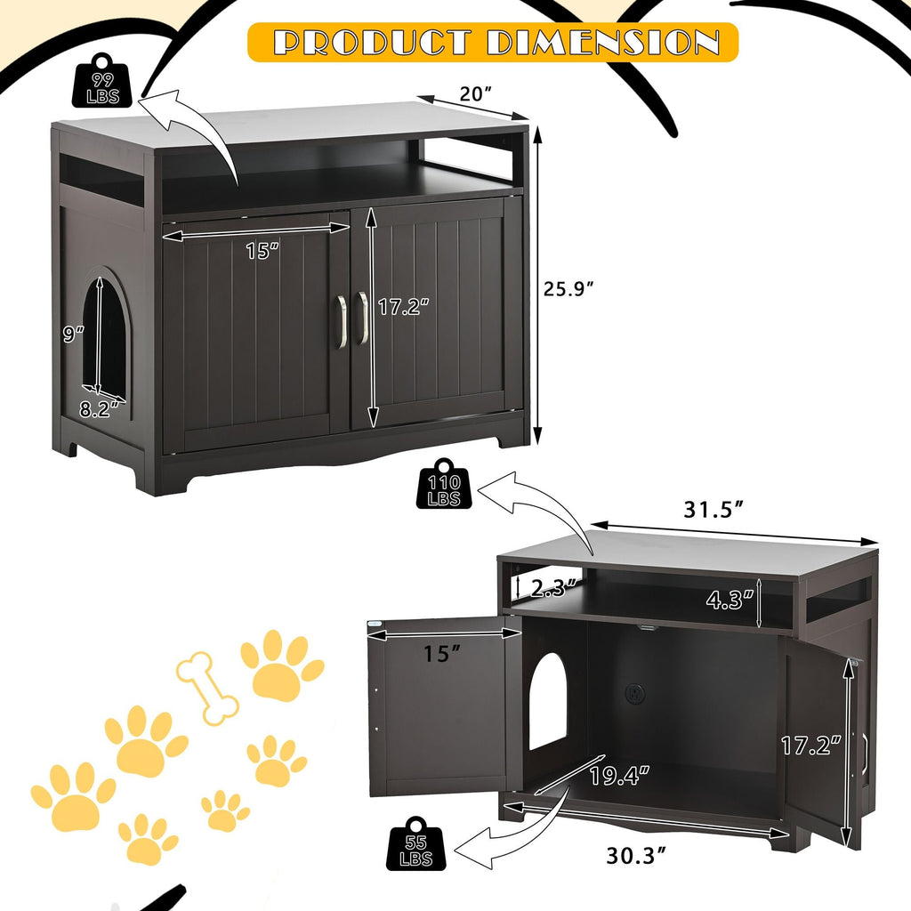 Litter Box Enclosure, Cat Litter Box Furniture with Hidden Plug, 2 Doors,Indoor Cat Washroom Storage Bench Side Table Cat House, Large Wooden Enclused Litter Box House, Esspresso - Dog Time Outlet
