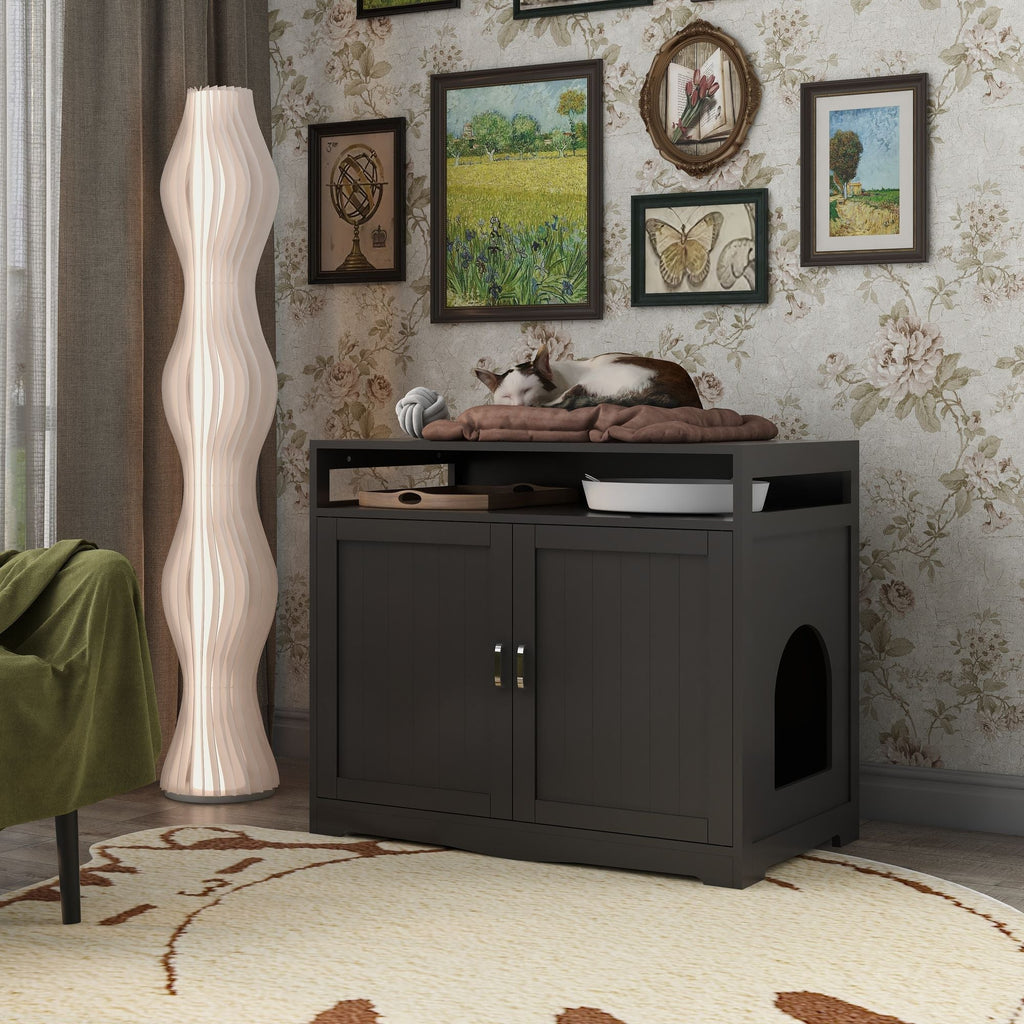 Litter Box Enclosure, Cat Litter Box Furniture with Hidden Plug, 2 Doors,Indoor Cat Washroom Storage Bench Side Table Cat House, Large Wooden Enclused Litter Box House, Esspresso - Dog Time Outlet