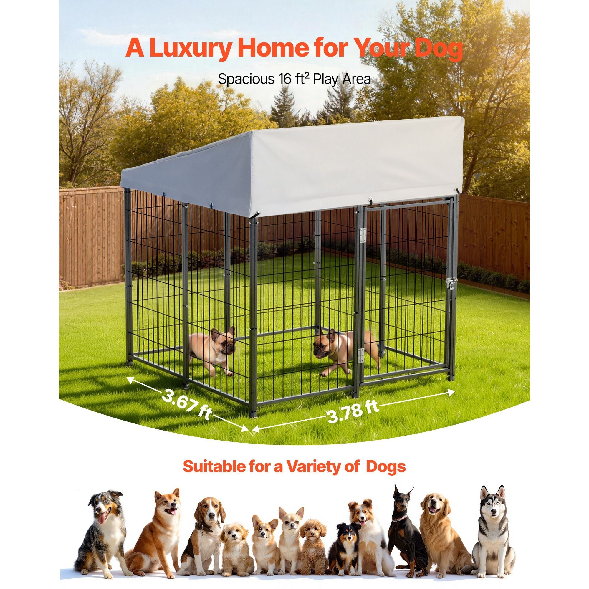 Outdoor Dog Kennel, 3.67 x 3.78 x 4.1 ft Large Dog Kennel with Secure Lock, Outside Dogs Enclosures with UV - Resistant & Waterproof Roof Cover, Heavy Duty Pet Crate Cage Run for Large Dogs - Dog Time Outlet