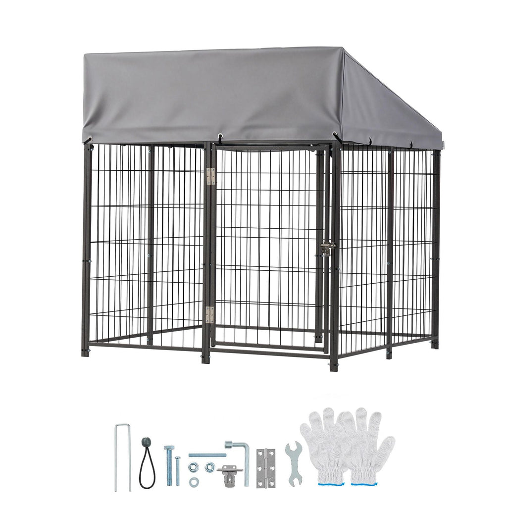 Outdoor Dog Kennel, 3.67 x 3.78 x 4.1 ft Large Dog Kennel with Secure Lock, Outside Dogs Enclosures with UV - Resistant & Waterproof Roof Cover, Heavy Duty Pet Crate Cage Run for Large Dogs - Dog Time Outlet