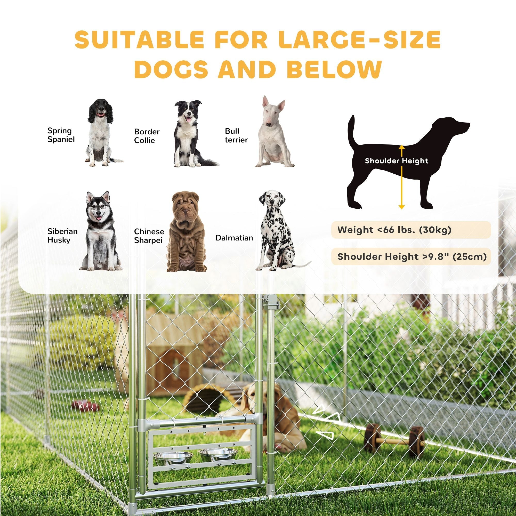 Outdoor Dog Kennel w/ Adjustable & Rotatable Bowl Rack, Waterproof UV - Resistant Cover, Secure Lock, 19.7' x 7.5' x 7.5' - Dog Time Outlet