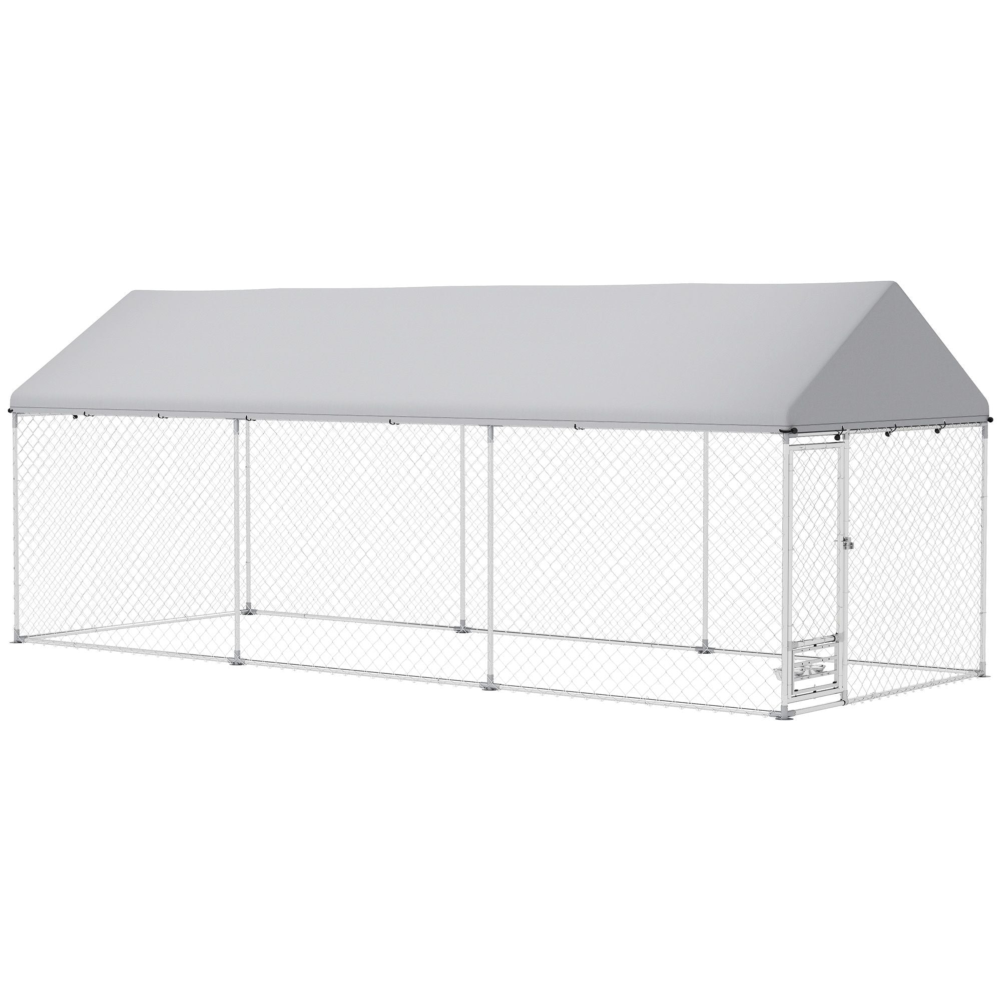 Outdoor Dog Kennel w/ Adjustable & Rotatable Bowl Rack, Waterproof UV - Resistant Cover, Secure Lock, 19.7' x 7.5' x 7.5' - Dog Time Outlet