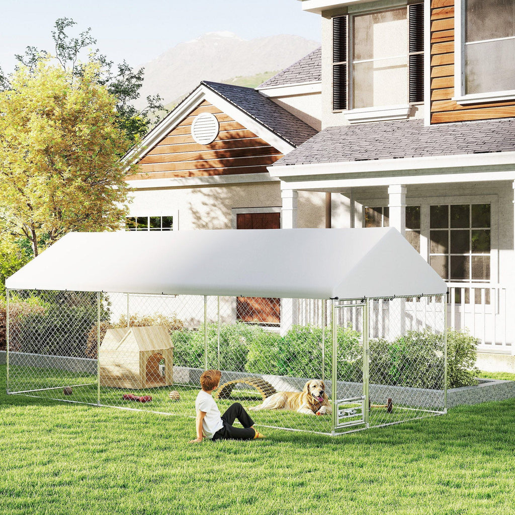 Outdoor Dog Kennel w/ Adjustable & Rotatable Bowl Rack, Waterproof UV - Resistant Cover, Secure Lock, 19.7' x 7.5' x 7.5' - Dog Time Outlet