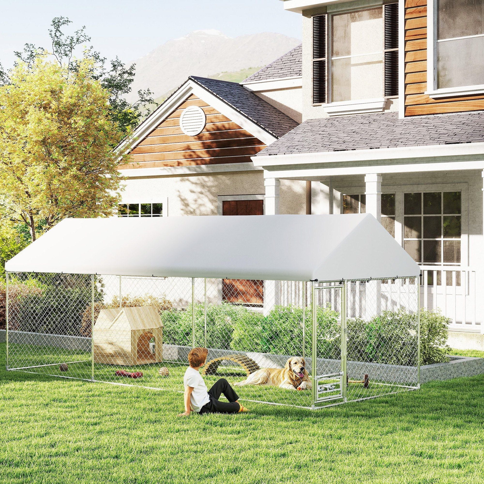 Outdoor Dog Kennel w/ Adjustable & Rotatable Bowl Rack, Waterproof UV - Resistant Cover, Secure Lock, 19.7' x 7.5' x 7.5' - Dog Time Outlet