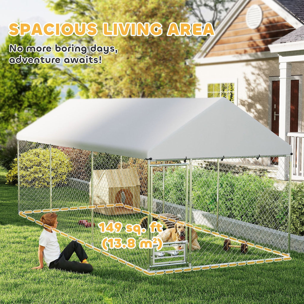 Outdoor Dog Kennel w/ Adjustable & Rotatable Bowl Rack, Waterproof UV - Resistant Cover, Secure Lock, 19.7' x 7.5' x 7.5' - Dog Time Outlet
