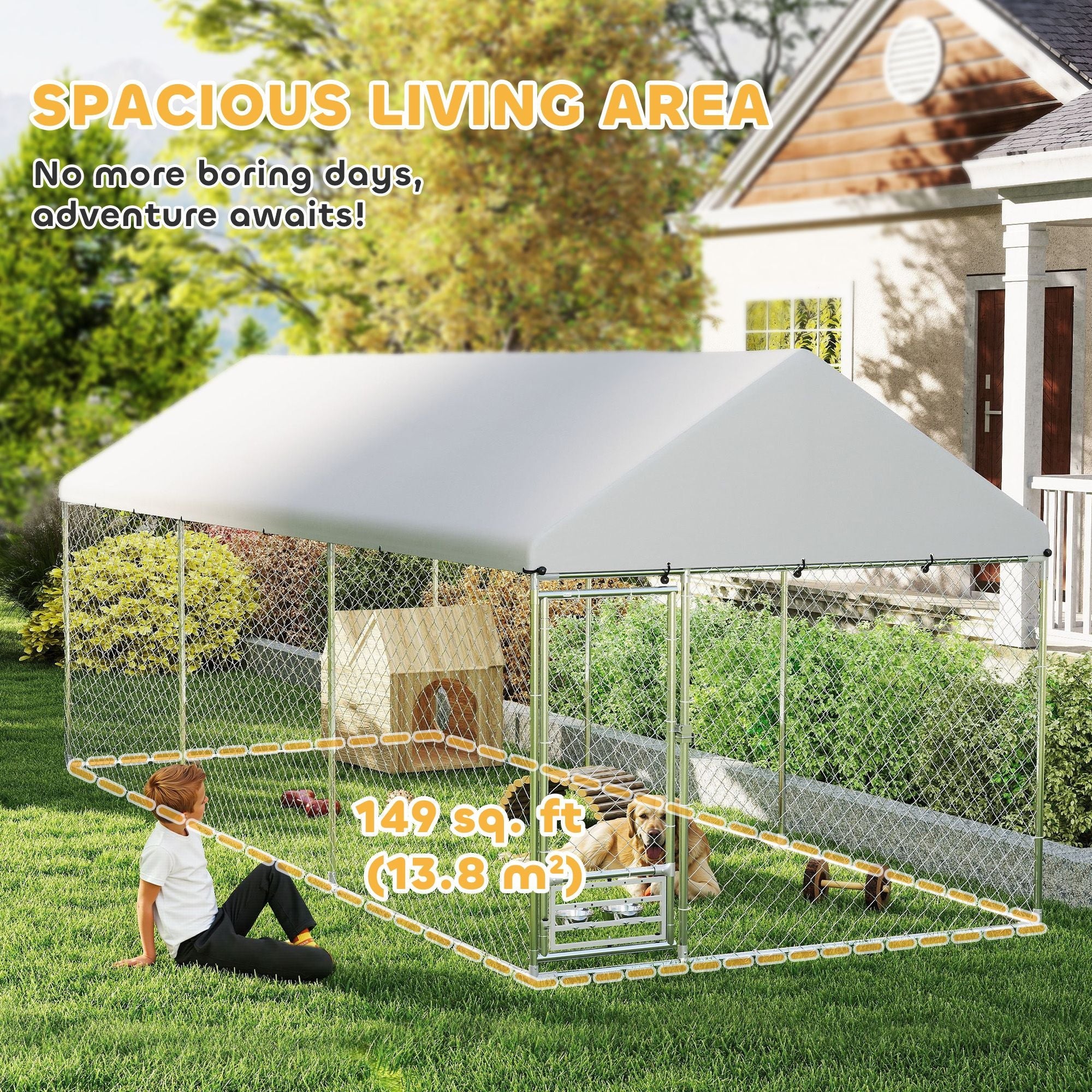 Outdoor Dog Kennel w/ Adjustable & Rotatable Bowl Rack, Waterproof UV - Resistant Cover, Secure Lock, 19.7' x 7.5' x 7.5' - Dog Time Outlet