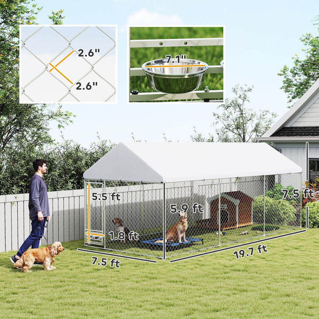 Outdoor Dog Kennel w/ Adjustable & Rotatable Bowl Rack, Waterproof UV - Resistant Cover, Secure Lock, 19.7' x 7.5' x 7.5' - Dog Time Outlet