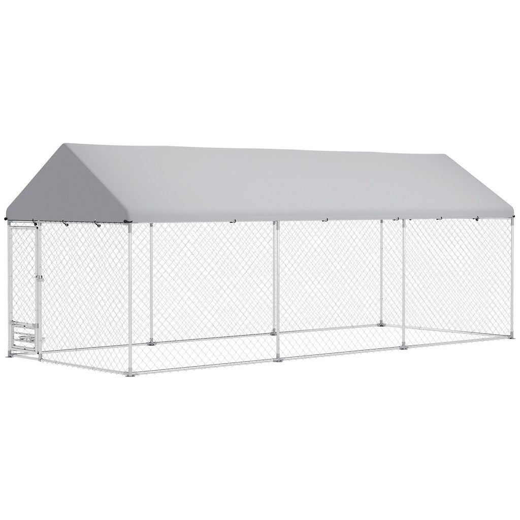 Outdoor Dog Kennel w/ Adjustable & Rotatable Bowl Rack, Waterproof UV - Resistant Cover, Secure Lock, 19.7' x 7.5' x 7.5' - Dog Time Outlet