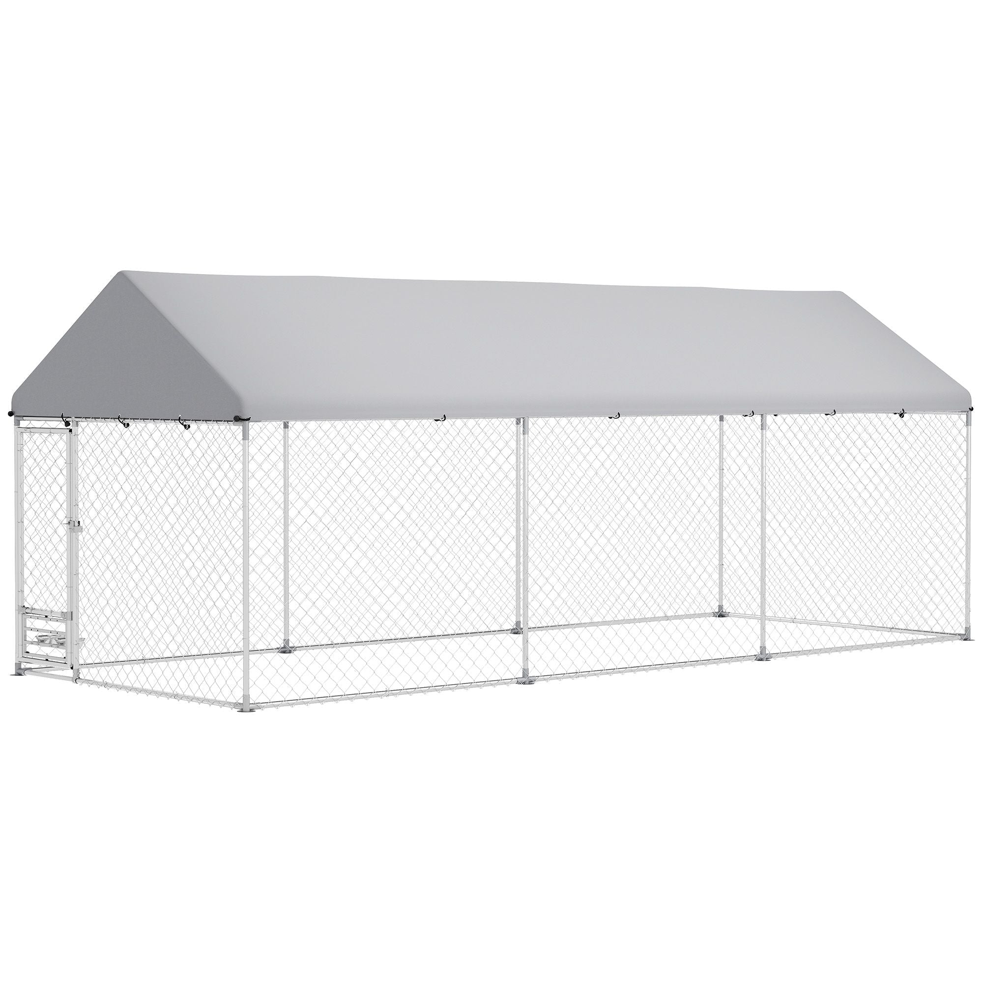 Outdoor Dog Kennel w/ Adjustable & Rotatable Bowl Rack, Waterproof UV - Resistant Cover, Secure Lock, 19.7' x 7.5' x 7.5' - Dog Time Outlet