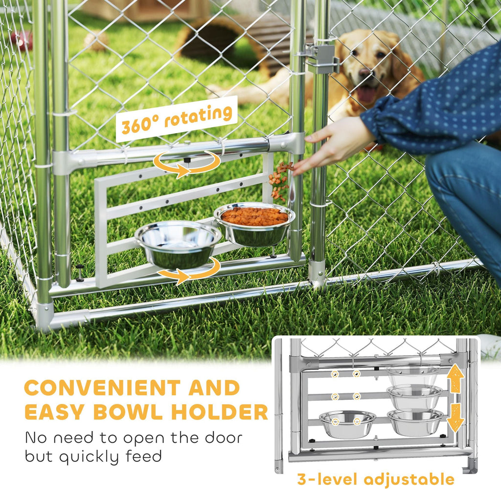 Outdoor Dog Kennel w/ Adjustable & Rotatable Bowl Rack, Waterproof UV - Resistant Cover, Secure Lock, 19.7' x 7.5' x 7.5' - Dog Time Outlet