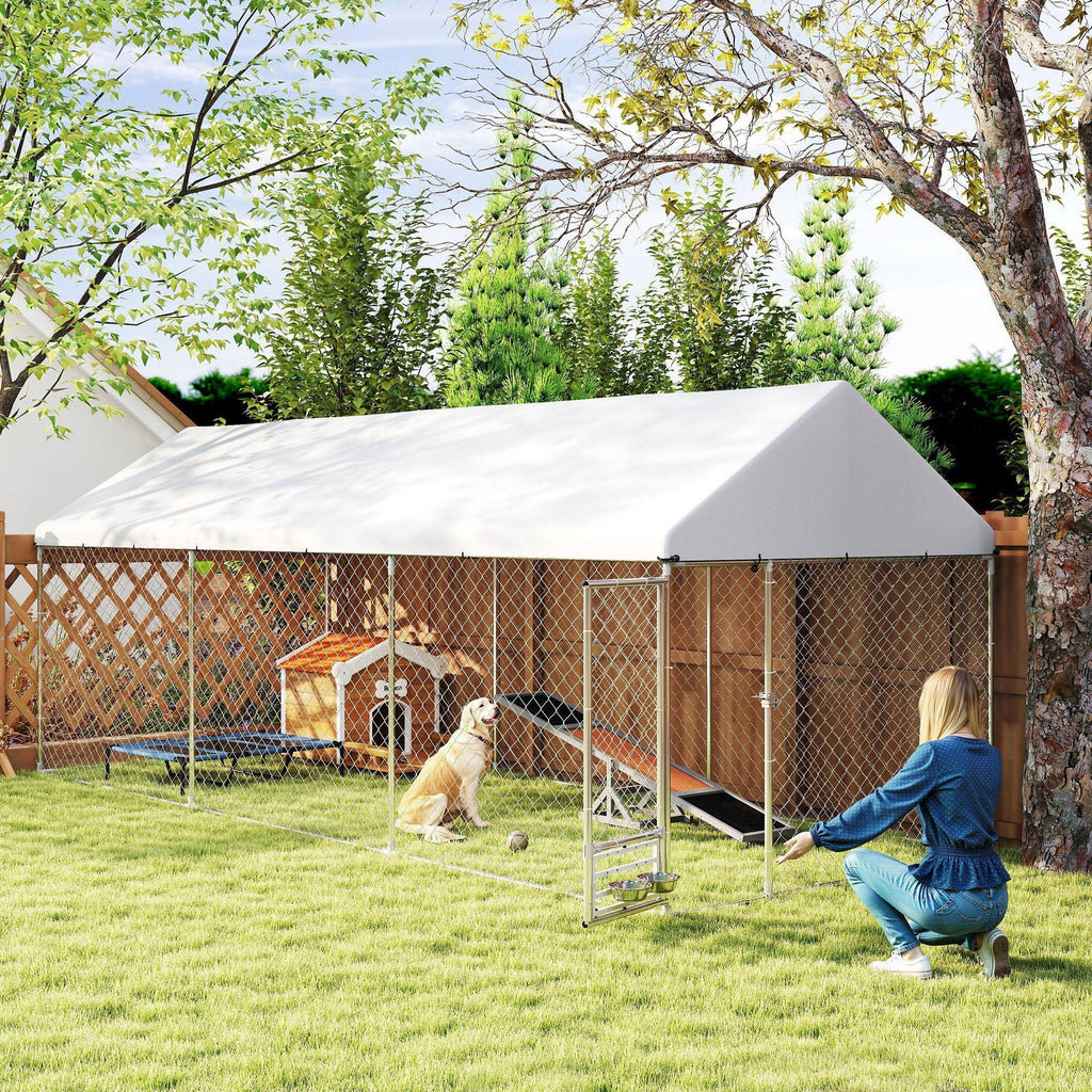 Outdoor Dog Kennel w/ Adjustable & Rotatable Bowl Rack, Waterproof UV - Resistant Cover, Secure Lock, 19.7' x 7.5' x 7.5' - Dog Time Outlet