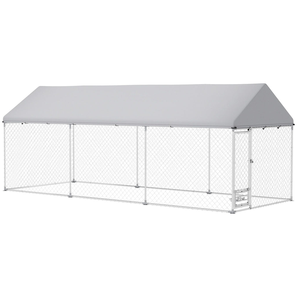 Outdoor Dog Kennel w/ Adjustable & Rotatable Bowl Rack, Waterproof UV - Resistant Cover, Secure Lock, 19.7' x 7.5' x 7.5' - Dog Time Outlet