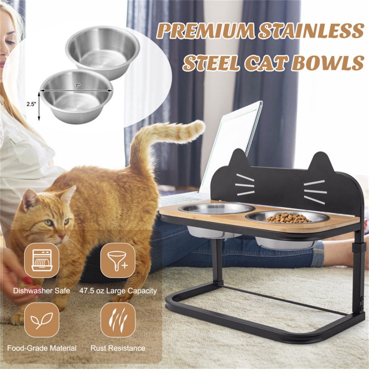 Pet Feeder with 2 Stainless Steel Bowls, Adjustable Height for Cats and Small and Medium Dogs - Dog Time Outlet