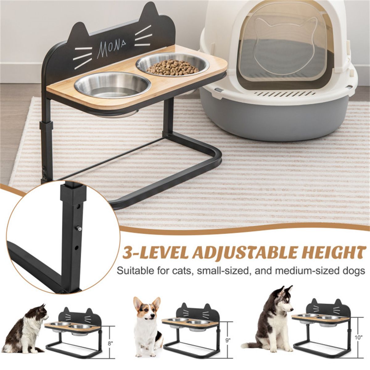 Pet Feeder with 2 Stainless Steel Bowls, Adjustable Height for Cats and Small and Medium Dogs - Dog Time Outlet