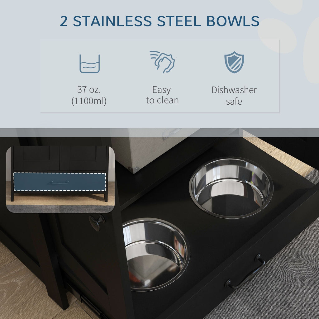 Pet Feeding Station, Dog Food Storage Cabinet w/ Raised Dog Bowls, Adjustable Panel, Hooks for Medium Dogs, Black - Dog Time Outlet