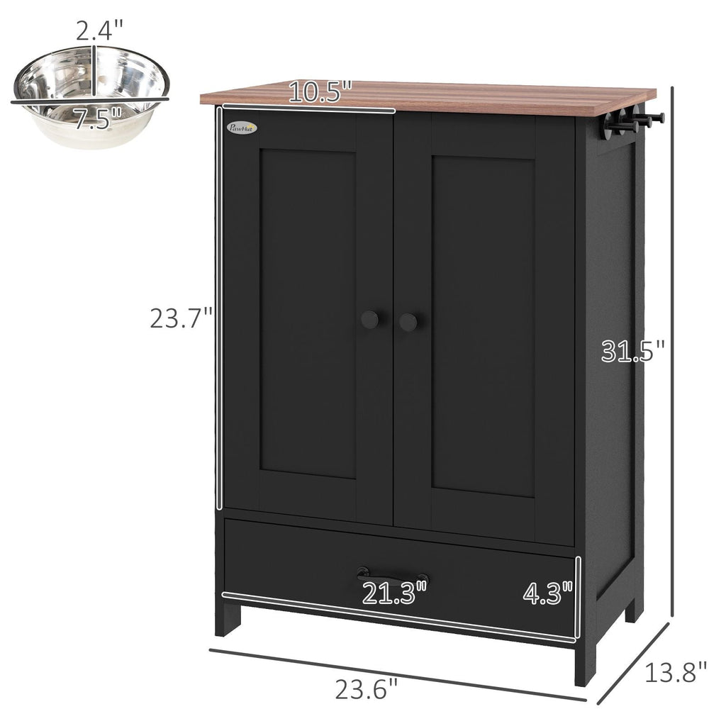 Pet Feeding Station, Dog Food Storage Cabinet w/ Raised Dog Bowls, Adjustable Panel, Hooks for Medium Dogs, Black - Dog Time Outlet