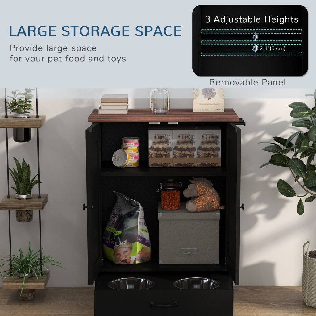 Pet Feeding Station, Dog Food Storage Cabinet w/ Raised Dog Bowls, Adjustable Panel, Hooks for Medium Dogs, Black - Dog Time Outlet