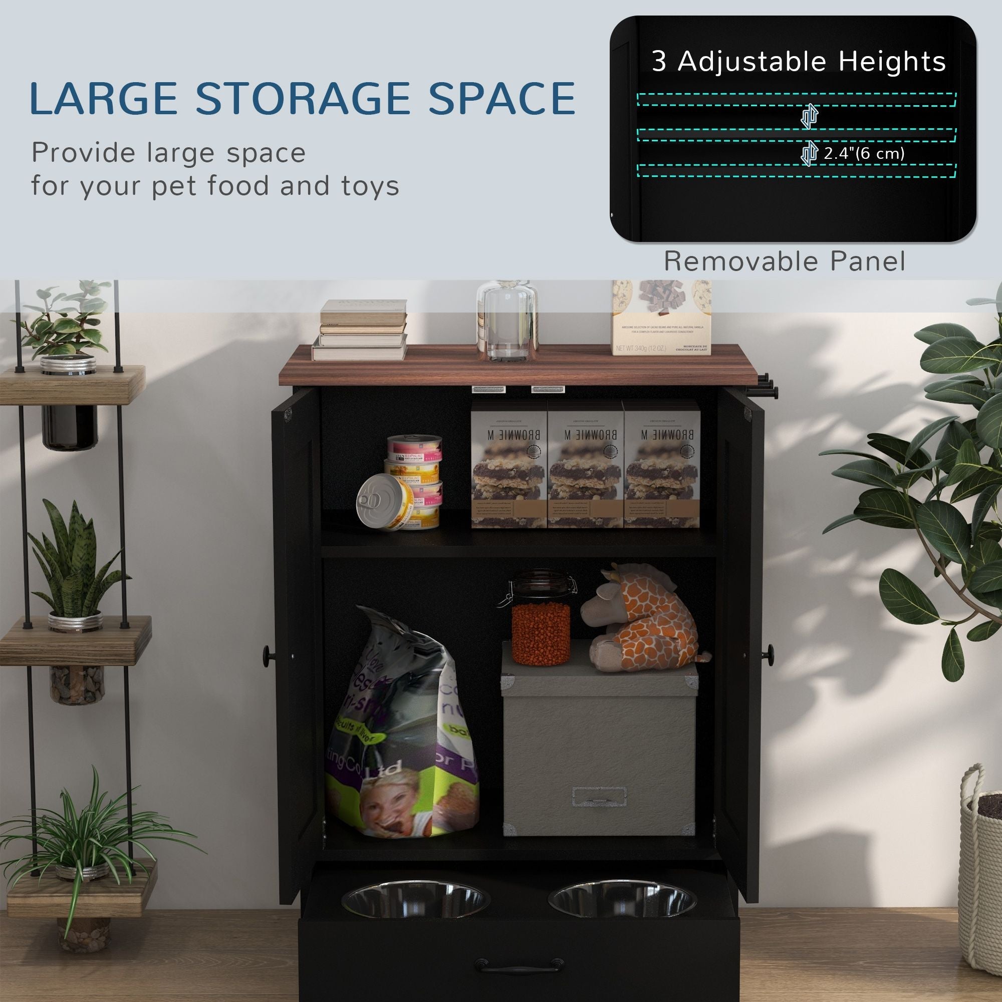 Pet Feeding Station, Dog Food Storage Cabinet w/ Raised Dog Bowls, Adjustable Panel, Hooks for Medium Dogs, Black - Dog Time Outlet