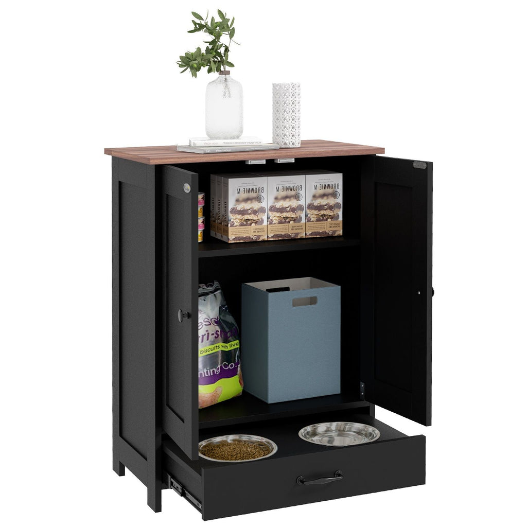 Pet Feeding Station, Dog Food Storage Cabinet w/ Raised Dog Bowls, Adjustable Panel, Hooks for Medium Dogs, Black - Dog Time Outlet