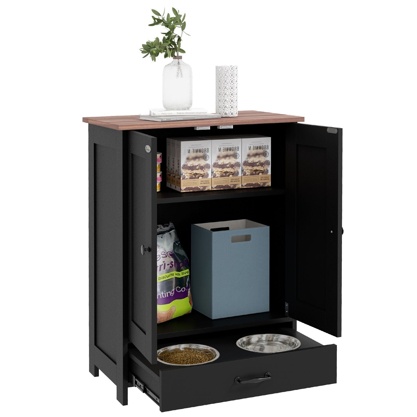 Pet Feeding Station, Dog Food Storage Cabinet w/ Raised Dog Bowls, Adjustable Panel, Hooks for Medium Dogs, Black - Dog Time Outlet