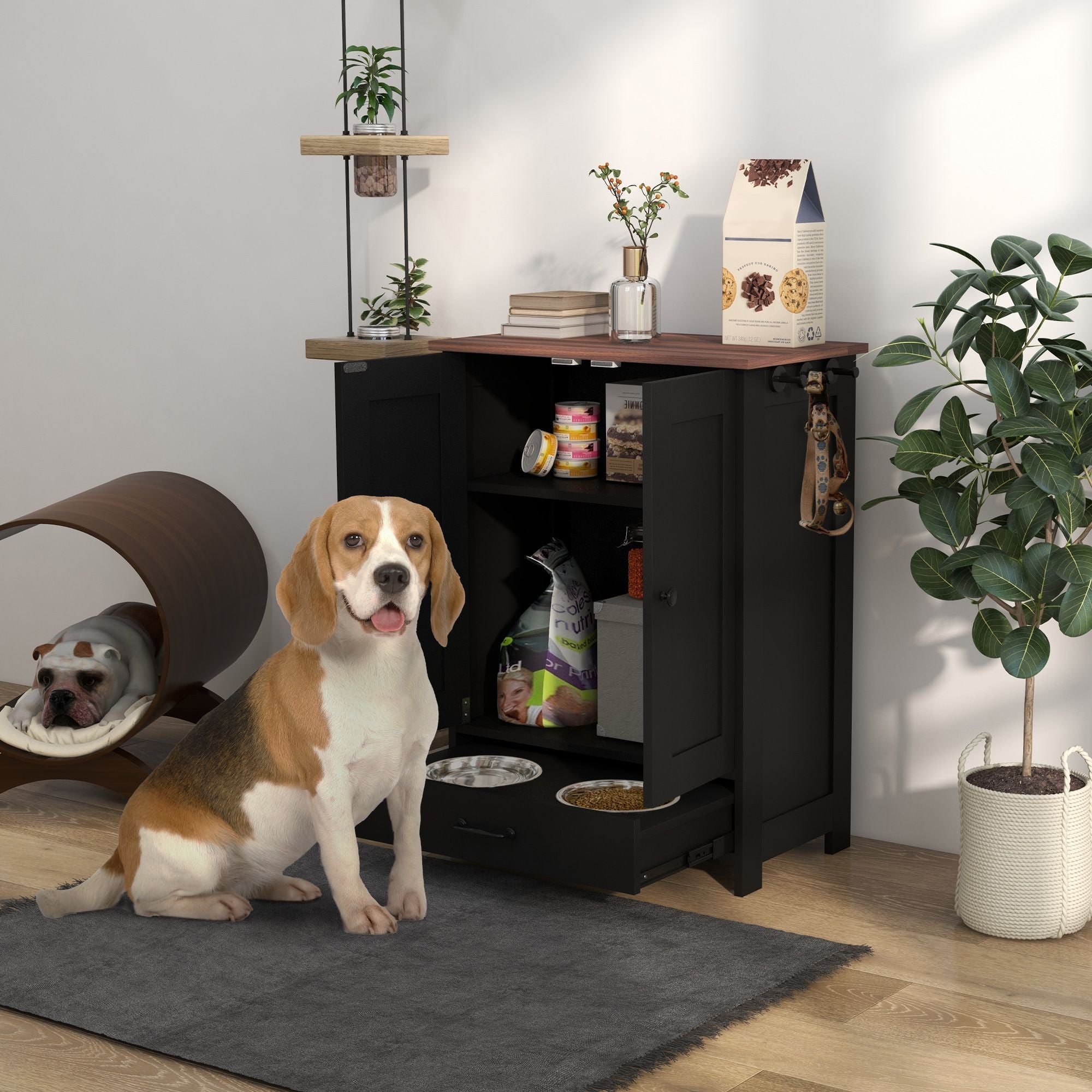 Pet Feeding Station, Dog Food Storage Cabinet w/ Raised Dog Bowls, Adjustable Panel, Hooks for Medium Dogs, Black - Dog Time Outlet