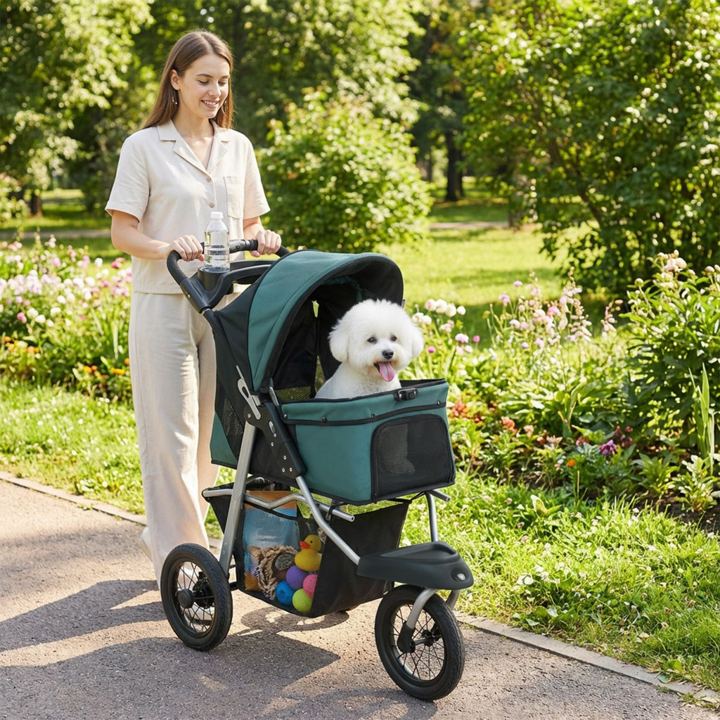 Premium Foldable Dog Stroller with 12 - Inch Rubber Wheels for Small Breeds, Lightweight and Stylish, Perfect for Pets Up to 22 LBS - Dark Green - Dog Time Outlet