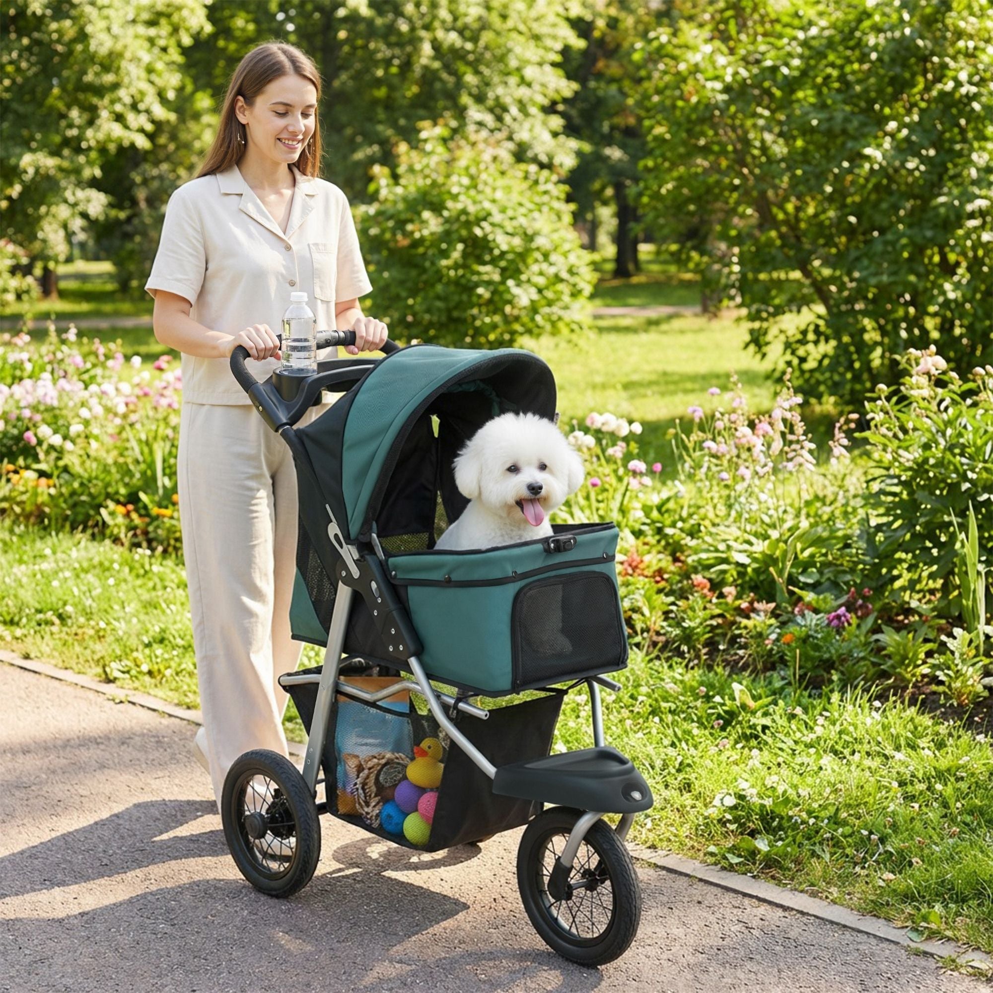 Premium Foldable Dog Stroller with 12 - Inch Rubber Wheels for Small Breeds, Lightweight and Stylish, Perfect for Pets Up to 22 LBS - Dark Green - Dog Time Outlet