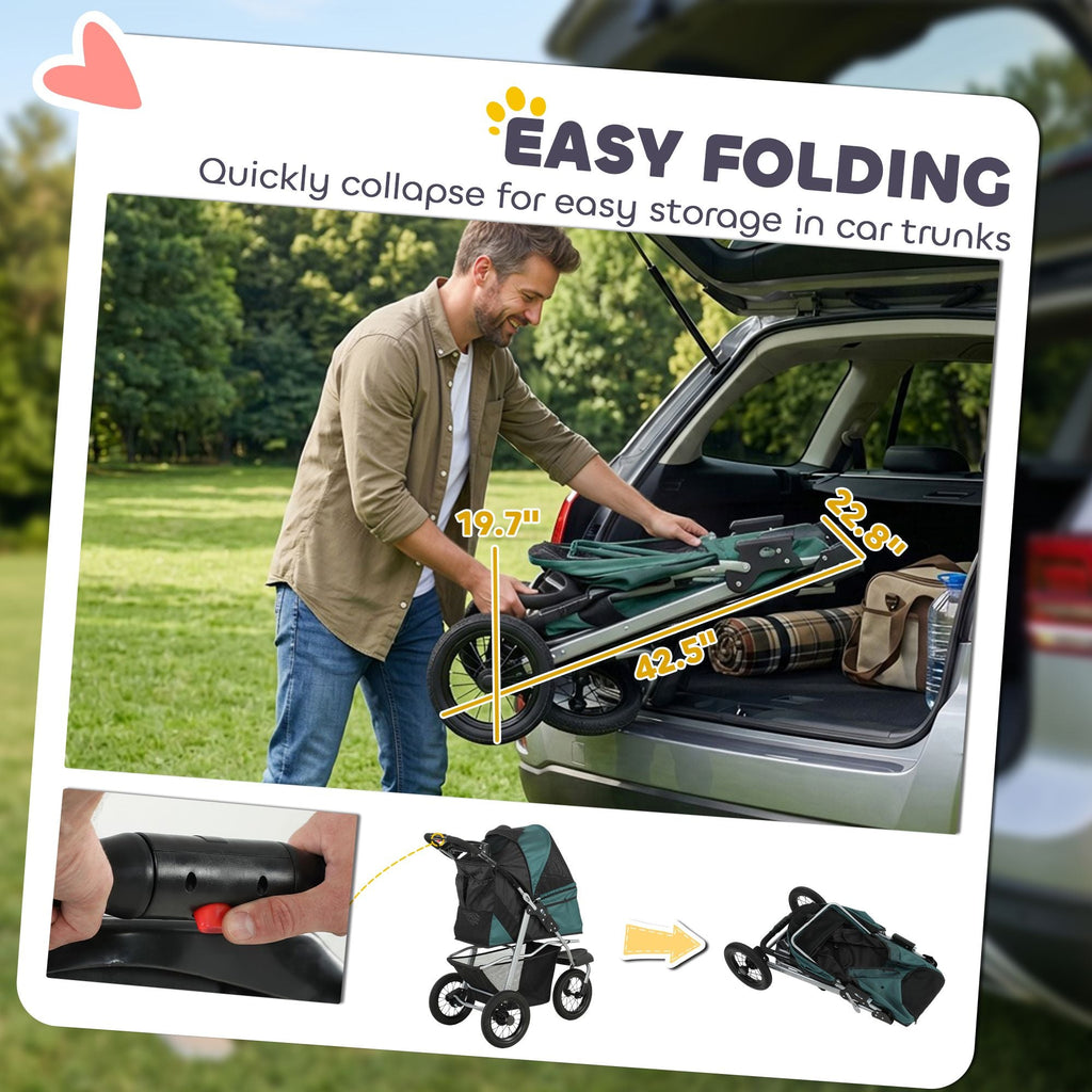 Premium Foldable Dog Stroller with 12 - Inch Rubber Wheels for Small Breeds, Lightweight and Stylish, Perfect for Pets Up to 22 LBS - Dark Green - Dog Time Outlet